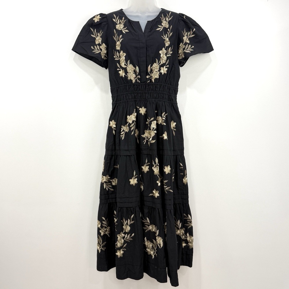 Elie Tahari Embroidered Maxi Dress 10 Dark Cottagecore Prairie Elegant Tiered